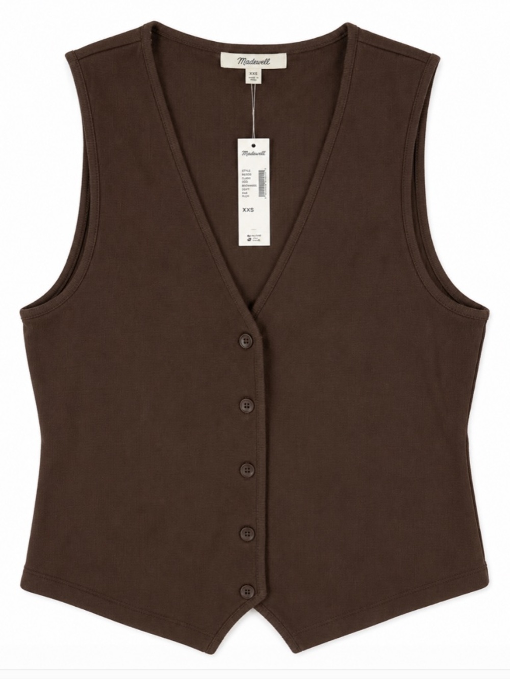 NWT -- Madewell Chocolate Brown Pima Cotton Button Vest -- XXS